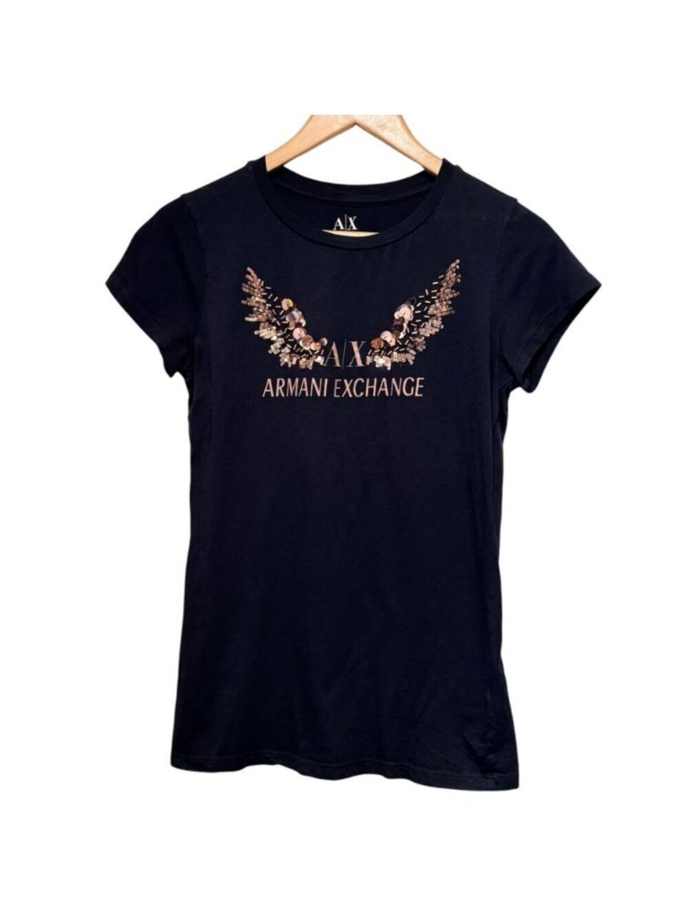 Armani Exchange A|X Womens sz M Copper Beaded Wings Logo Graphic Tee T-Shirt - Picture 2 of 8